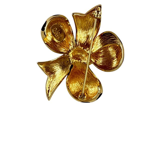 Joan Rivers Gold Black Enamel Striped Bow Flower Brooch Pin 2” Vintage Gif - Picture 2 of 7